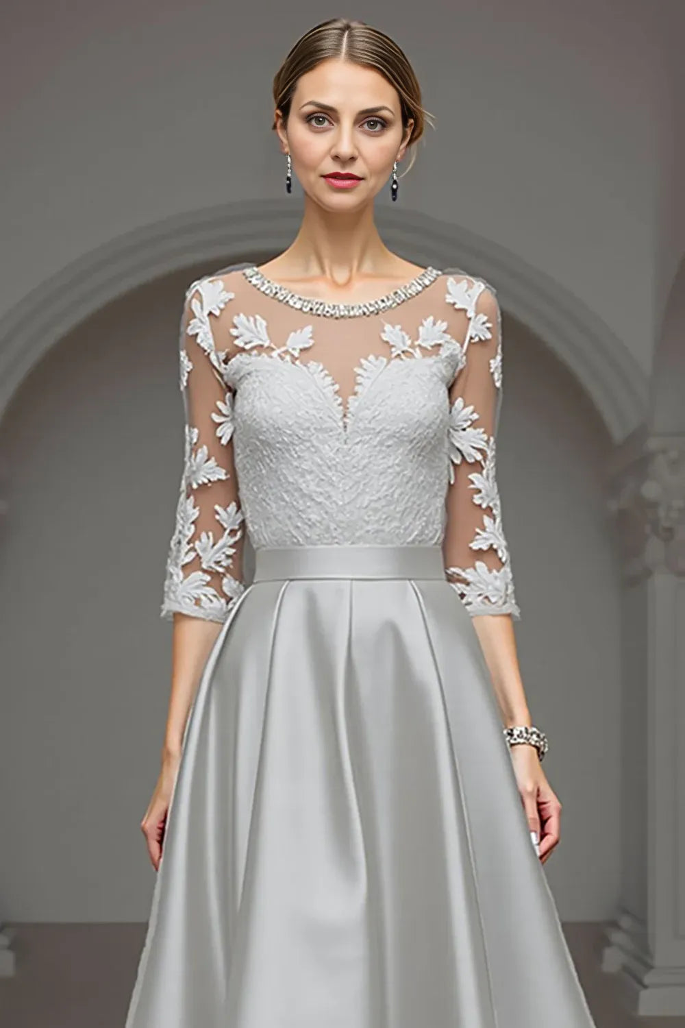Elegant Navy Blue Satin Scoop Neck Long Sleeve Floor-Length Mother of the Bride Dress