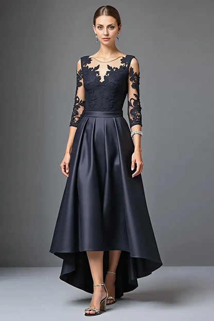 Elegant Navy Blue Satin Scoop Neck Long Sleeve Floor-Length Mother of the Bride Dress