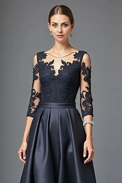 Elegant Navy Blue Satin Scoop Neck Long Sleeve Floor-Length Mother of the Bride Dress