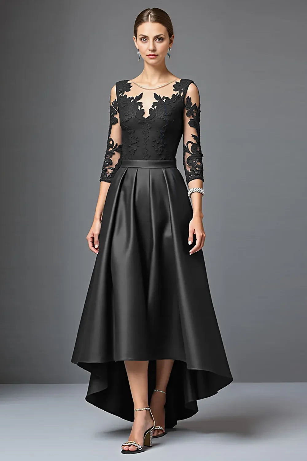 Elegant Navy Blue Satin Scoop Neck Long Sleeve Floor-Length Mother of the Bride Dress
