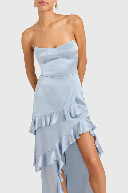 Special Occasion Sophisticated Graceful Stylish Refined Elegant Red Satin Strapless Ruffle Prom Dress