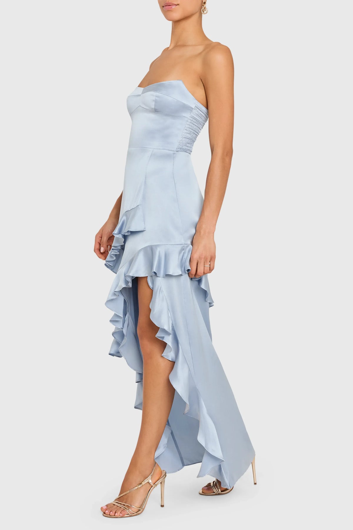 Special Occasion Sophisticated Graceful Stylish Refined Elegant Red Satin Strapless Ruffle Prom Dress
