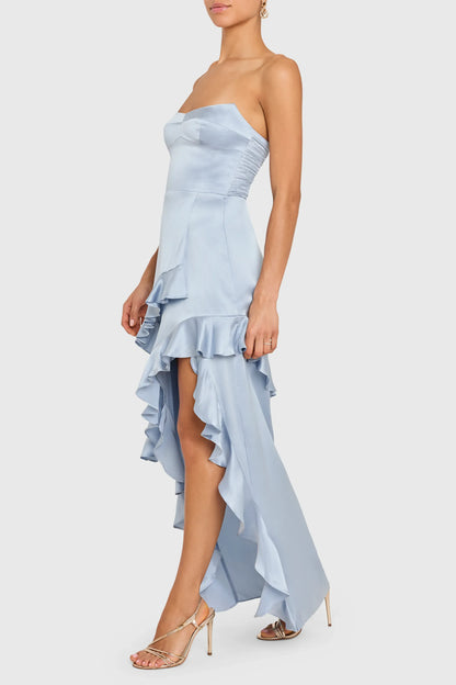 Special Occasion Sophisticated Graceful Stylish Refined Elegant Red Satin Strapless Ruffle Prom Dress