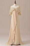 Stylish Elegant Champagne Chiffon V-Neck Draped Floor-Length Mother of the Bride Dress