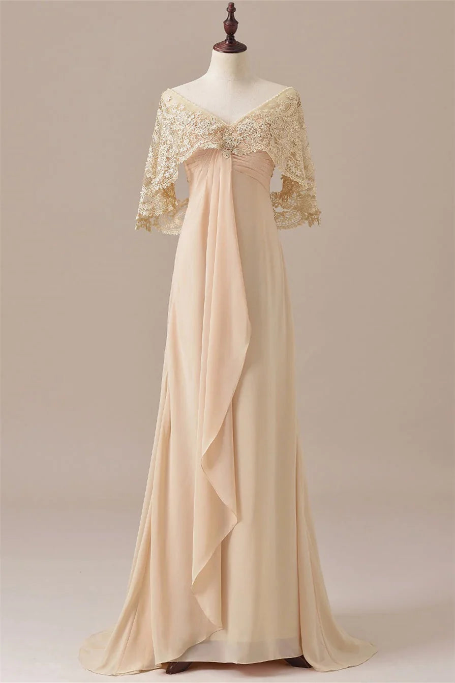 Stylish Elegant Champagne Chiffon V-Neck Draped Floor-Length Mother of the Bride Dress