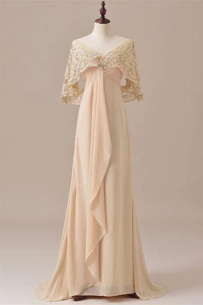 Stylish Elegant Champagne Chiffon V-Neck Draped Floor-Length Mother of the Bride Dress