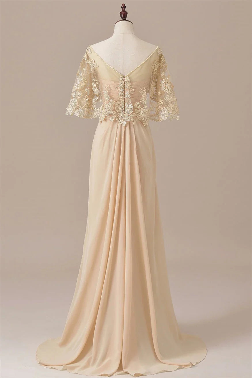Stylish Elegant Champagne Chiffon V-Neck Draped Floor-Length Mother of the Bride Dress