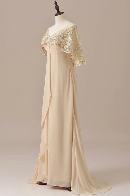 Stylish Elegant Champagne Chiffon V-Neck Draped Floor-Length Mother of the Bride Dress