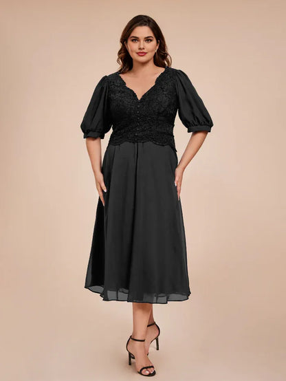 Beautiful Timeless Elegant Black Chiffon V-Neck Tea-Length Mother of the Bride Dress