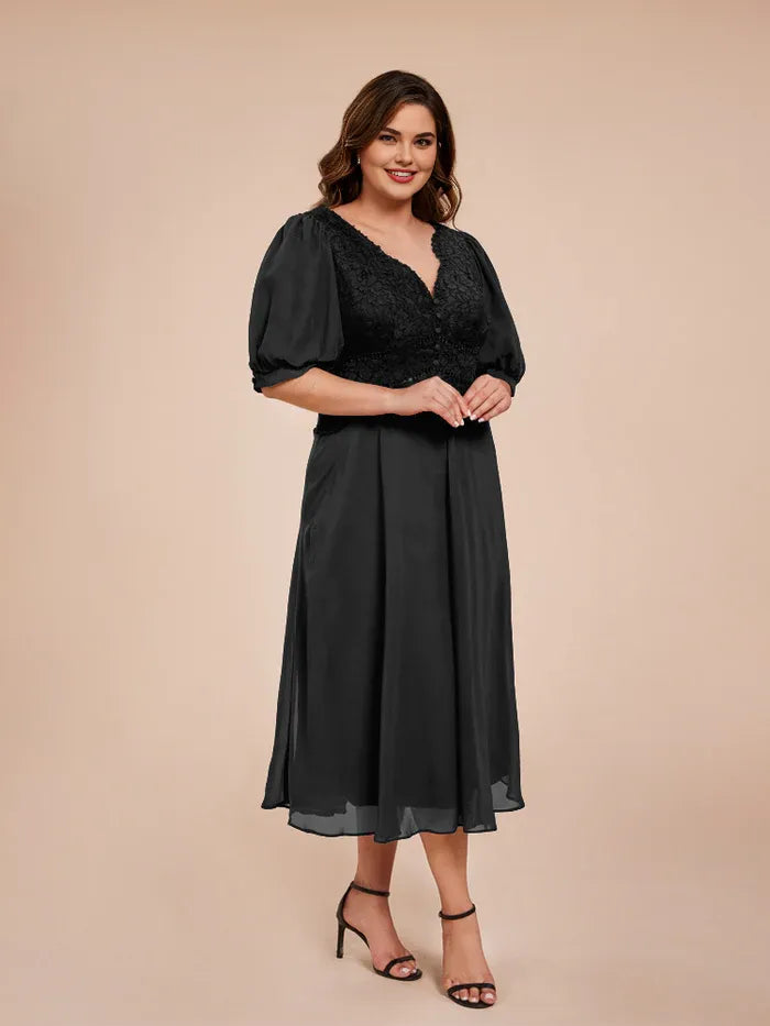 Beautiful Timeless Elegant Black Chiffon V-Neck Tea-Length Mother of the Bride Dress