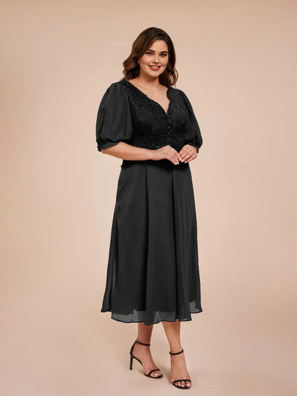 Beautiful Timeless Elegant Black Chiffon V-Neck Tea-Length Mother of the Bride Dress
