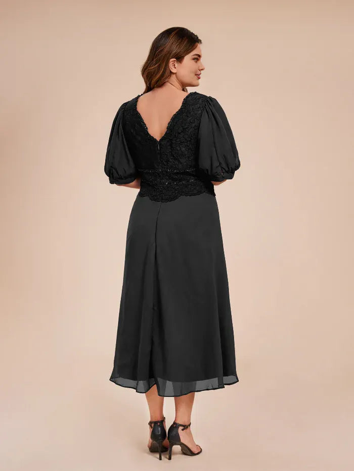Beautiful Timeless Elegant Black Chiffon V-Neck Tea-Length Mother of the Bride Dress