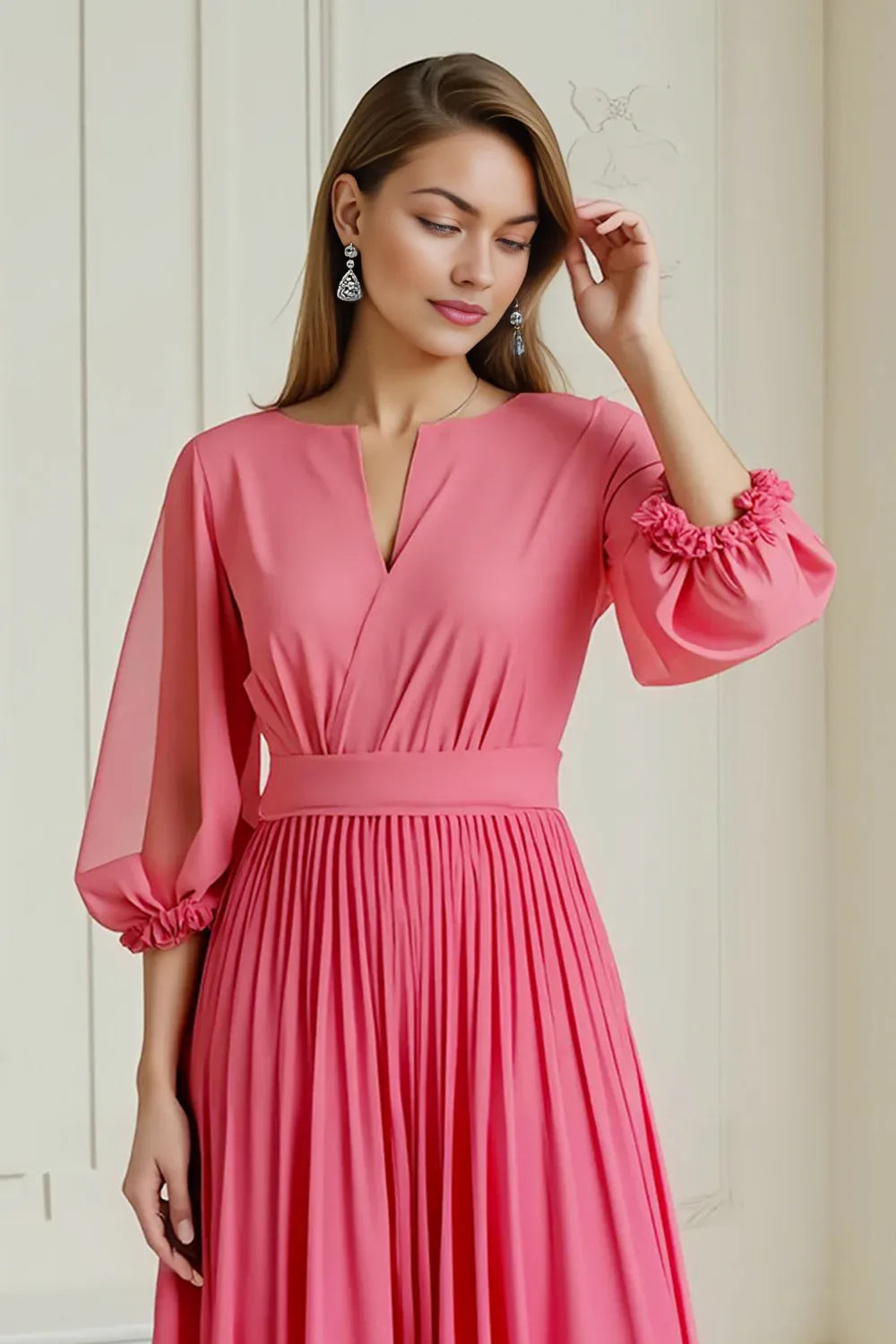 Refined Beautiful Elegant Pink Long Sleeve Long Mother of the Bride Dress