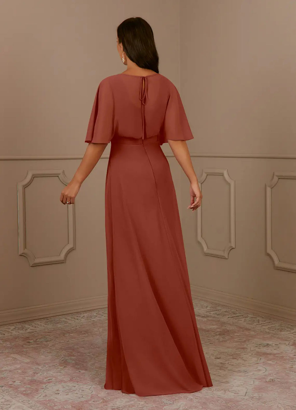 Auburn A-Line V-Neck Pleated Mother of the Bride Dress with V - Neck and Flutter Cape Sleeves