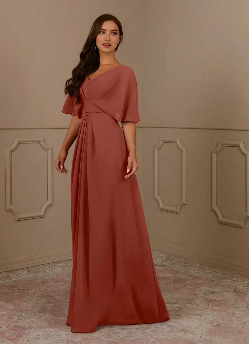 Auburn A-Line V-Neck Pleated Mother of the Bride Dress with V - Neck and Flutter Cape Sleeves