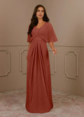 Auburn A-Line V-Neck Pleated Mother of the Bride Dress with V - Neck and Flutter Cape Sleeves