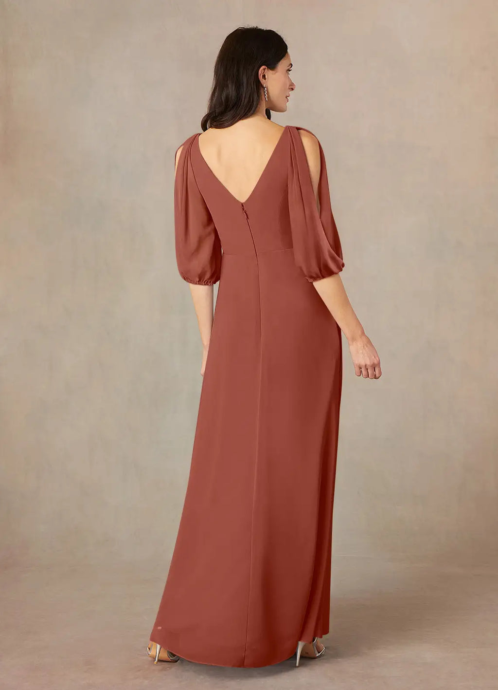 Auburn A-Line V-Neck Ruched Mother of the Bride Dress Surplice V - Neck Sheer 3/4 Sleeves with Cut Out Detailing Ruched Bodice Flowy Floor Length Skirt