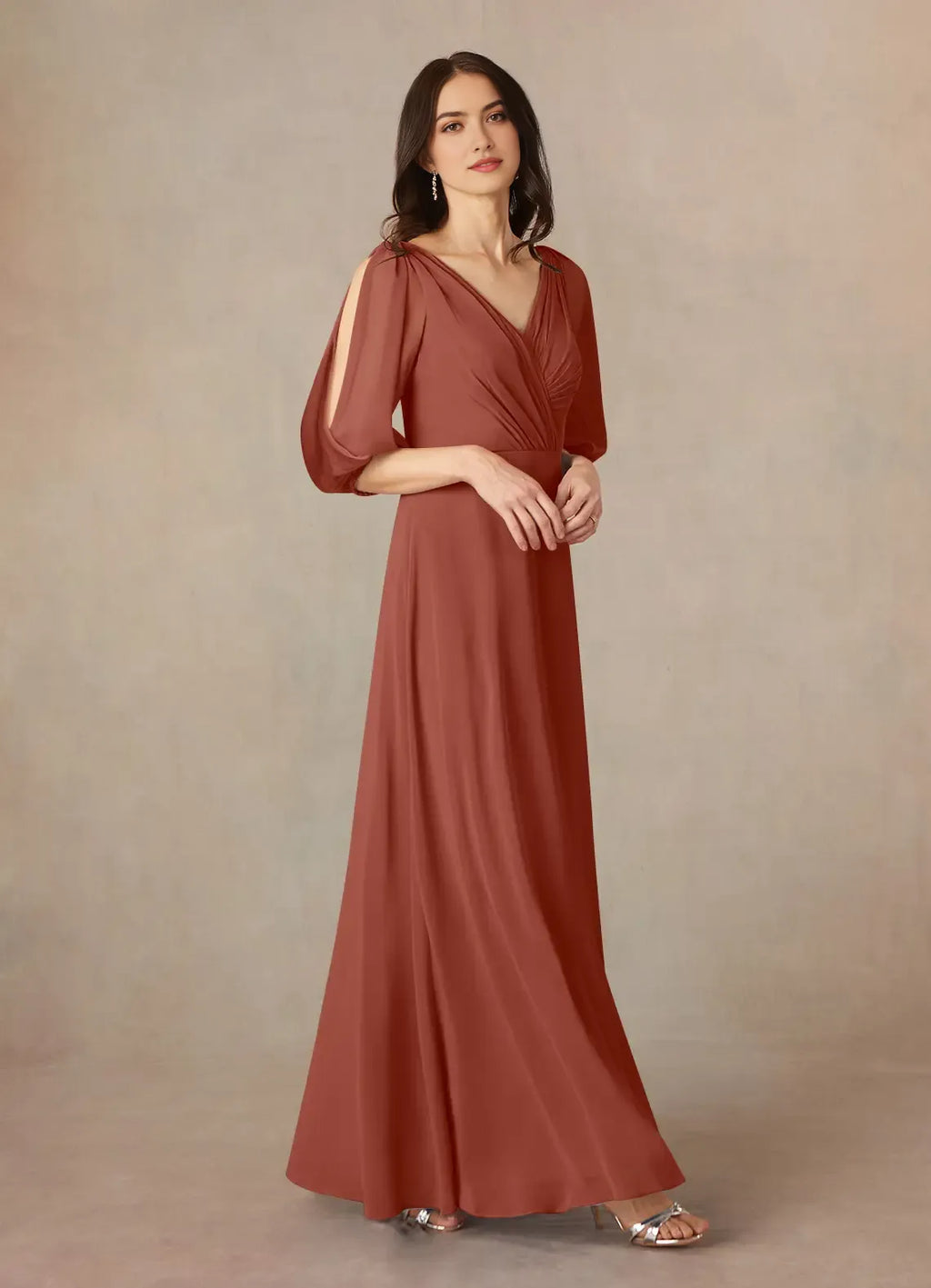 Auburn A-Line V-Neck Ruched Mother of the Bride Dress Surplice V - Neck Sheer 3/4 Sleeves with Cut Out Detailing Ruched Bodice Flowy Floor Length Skirt