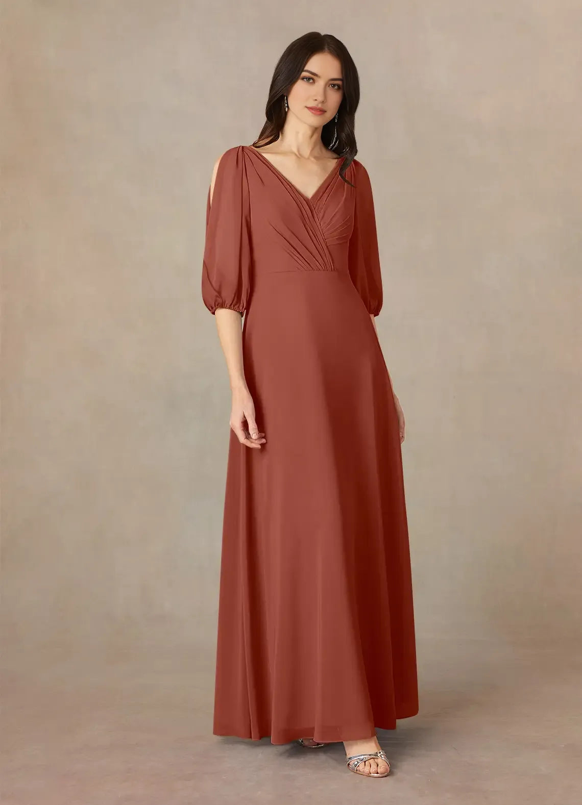 Auburn A-Line V-Neck Ruched Mother of the Bride Dress Surplice V - Neck Sheer 3/4 Sleeves with Cut Out Detailing Ruched Bodice Flowy Floor Length Skirt