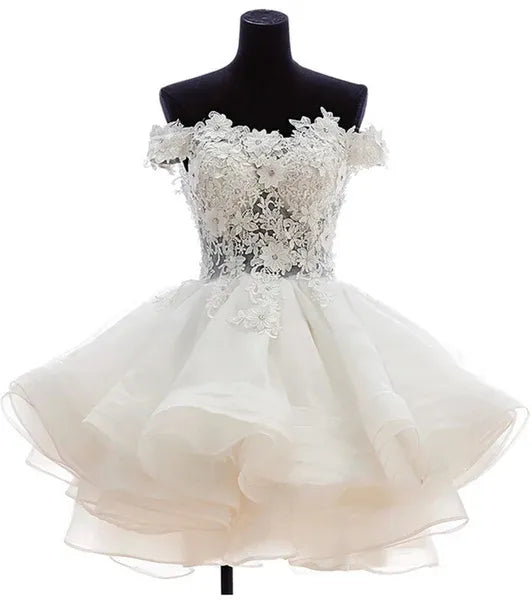 White Ball-Gown Off-Shoulder Applique Mini Homecoming Dress