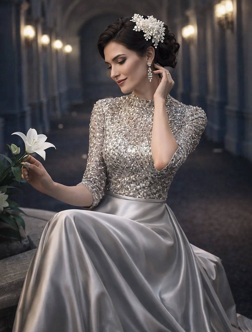 Silver High Neck Half Sleeve Maxi Prom Dress for Women Custom