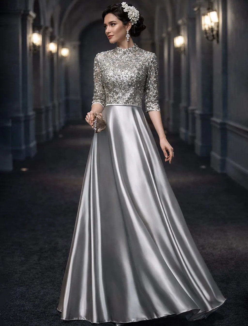 Silver High Neck Half Sleeve Maxi Prom Dress for Women Custom