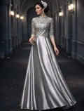 Silver High Neck Half Sleeve Maxi Prom Dress for Women Custom