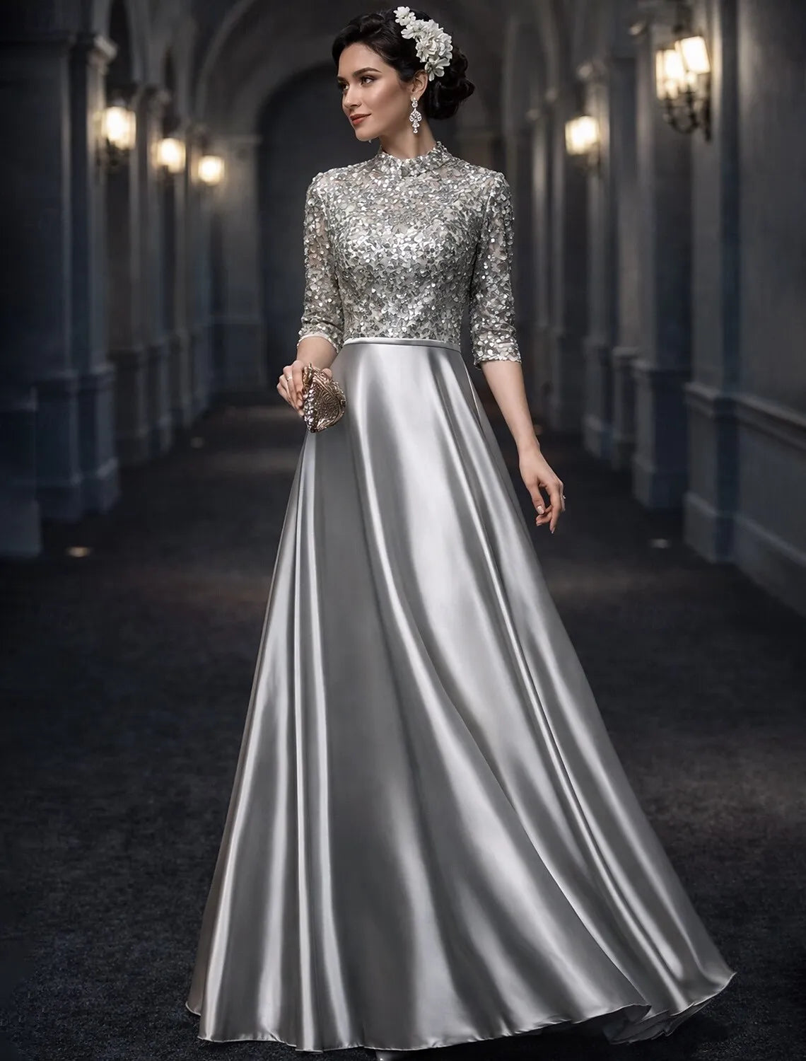 Silver High Neck Half Sleeve Maxi Prom Dress for Women Custom