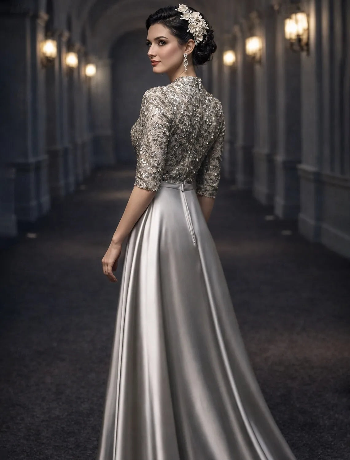 Silver High Neck Half Sleeve Maxi Prom Dress for Women Custom