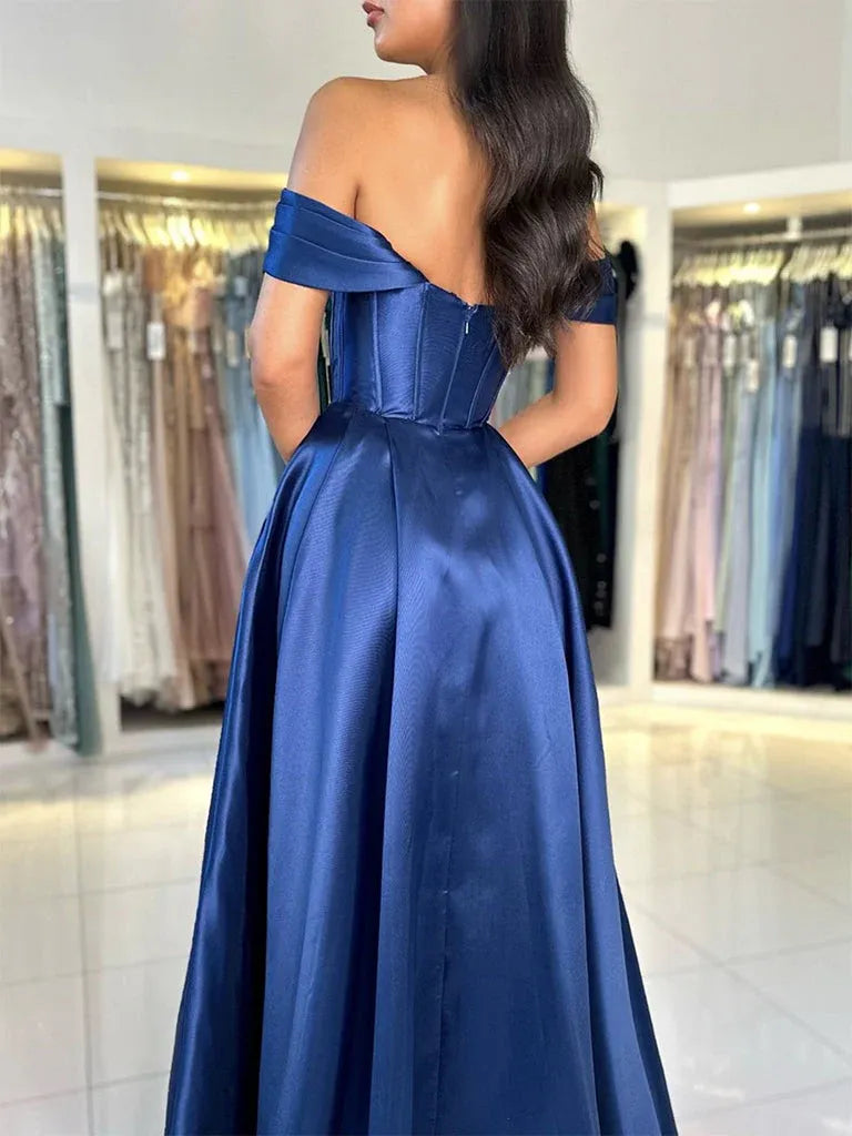 Blue Ball Gown Off Shoulder Corset Floor Length Prom Dresses