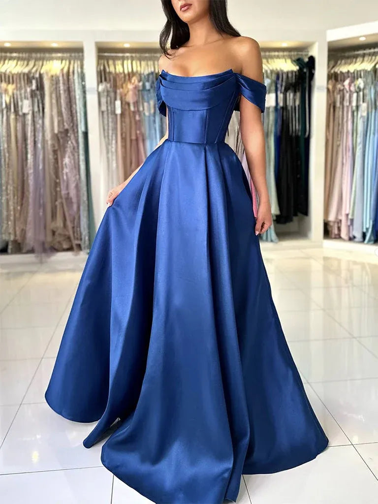 Blue Ball Gown Off Shoulder Corset Floor Length Prom Dresses