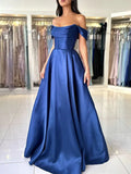 Blue Ball Gown Off Shoulder Corset Floor Length Prom Dresses