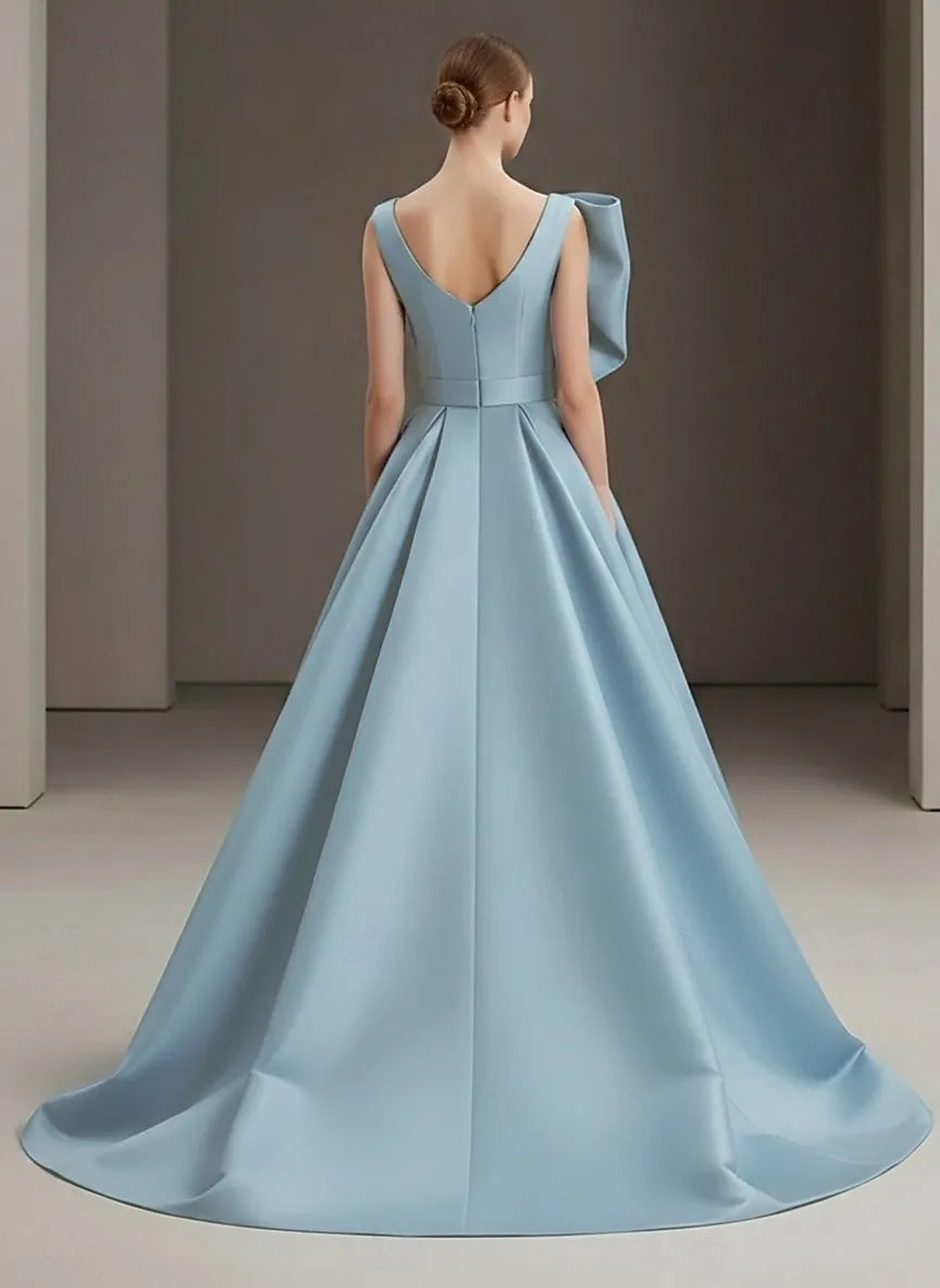 Sky Blue Ball Gown One Shoulder Pleated Ruffle Sky Train Prom Dress