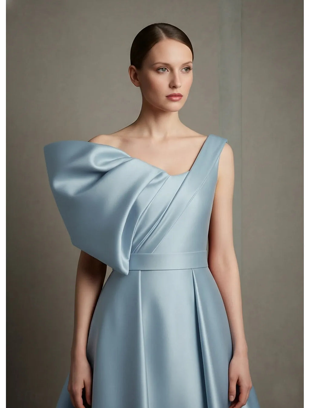 Sky Blue Ball Gown One Shoulder Pleated Ruffle Sky Train Prom Dress