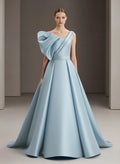 Sky Blue Ball Gown One Shoulder Pleated Ruffle Sky Train Prom Dress
