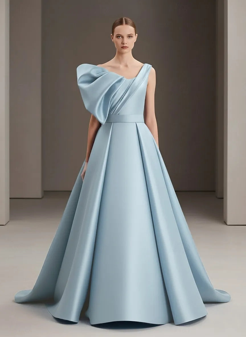 Sky Blue Ball Gown One Shoulder Pleated Ruffle Sky Train Prom Dress