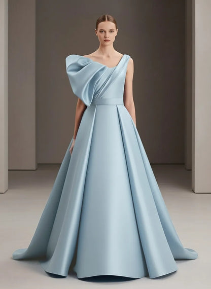Elegant Sky-Blue Ruffled Ball-Gown One-Shoulder Classic-Sleeve Classic-Back Floor-Length Prom Dress