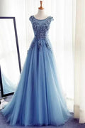 Blue Ball Gown Round Neck Cap Sleeve Applique Dusty Floor-Length Prom Dresses