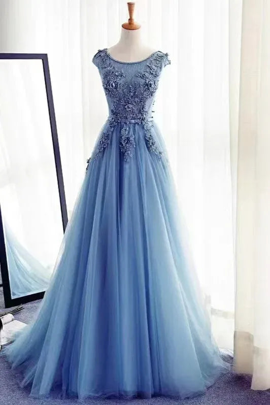 Blue Ball Gown Round Neck Cap Sleeve Applique Dusty Floor-Length Prom Dresses