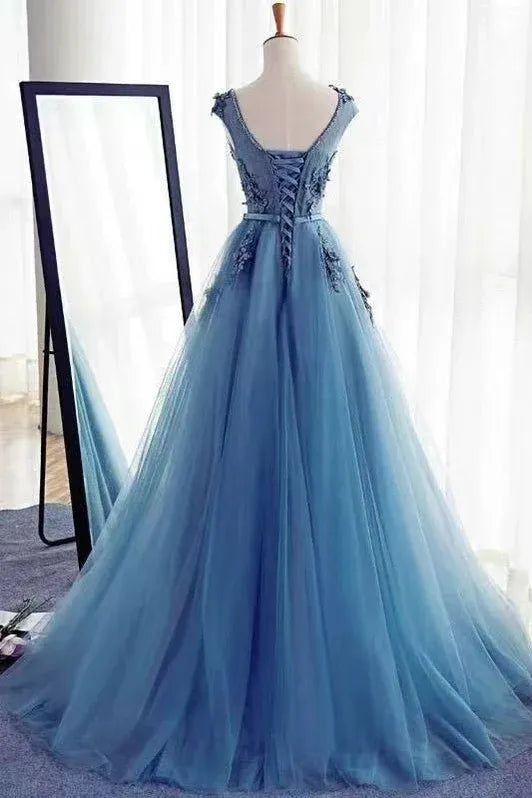 Blue Ball Gown Round Neck Cap Sleeve Applique Dusty Floor-Length Prom Dresses