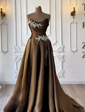 Ball Gown Strapless Ruched Rhinestones Chocolate Floor Length Prom Dress