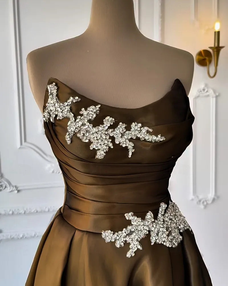 Ball Gown Strapless Ruched Rhinestones Chocolate Floor Length Prom Dress