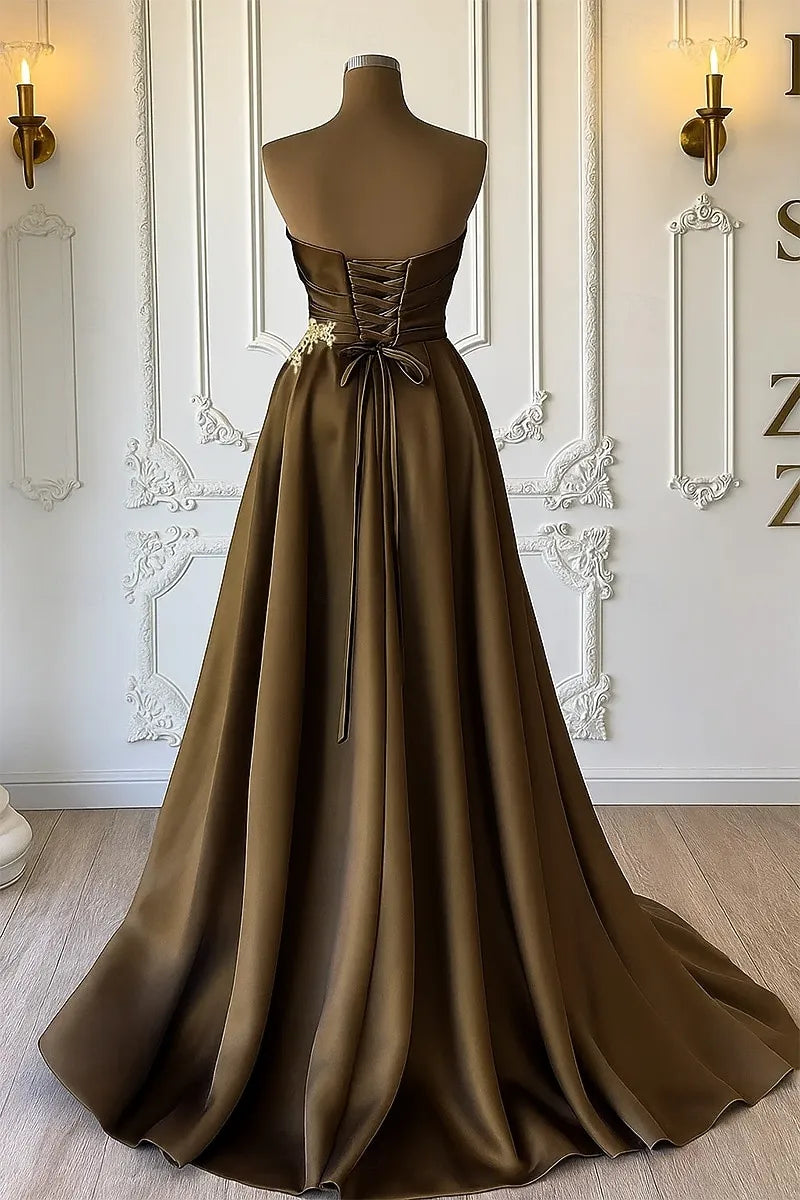 Ball Gown Strapless Ruched Rhinestones Chocolate Floor Length Prom Dress