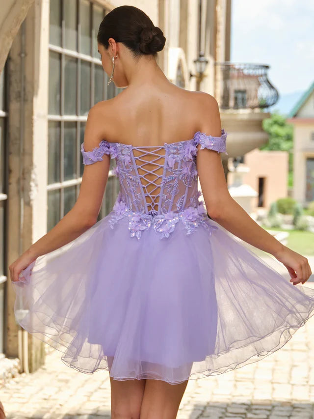 Ballgown Off-the-Shoulder Flower-Sleeve Lace-Up Back Short-Mini Homecoming Dresses