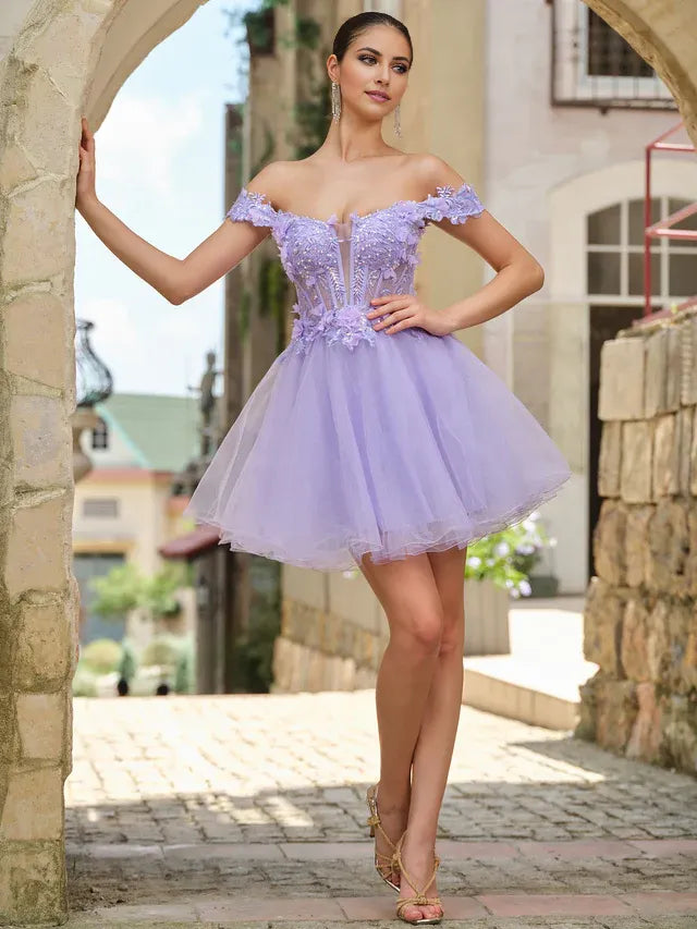 Ballgown Off-the-Shoulder Flower-Sleeve Lace-Up Back Short-Mini Homecoming Dresses