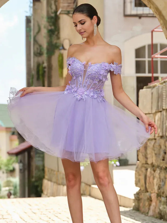 Ballgown Off-the-Shoulder Flower-Sleeve Lace-Up Back Short-Mini Homecoming Dresses