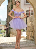 Ballgown Off-the-Shoulder Flower-Sleeve Lace-Up Back Short-Mini Homecoming Dresses