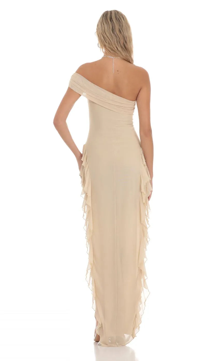 Beige Off Shoulder Prom Dress Ruffled Slit Skirt Draped Neckline Shine at Prom Night