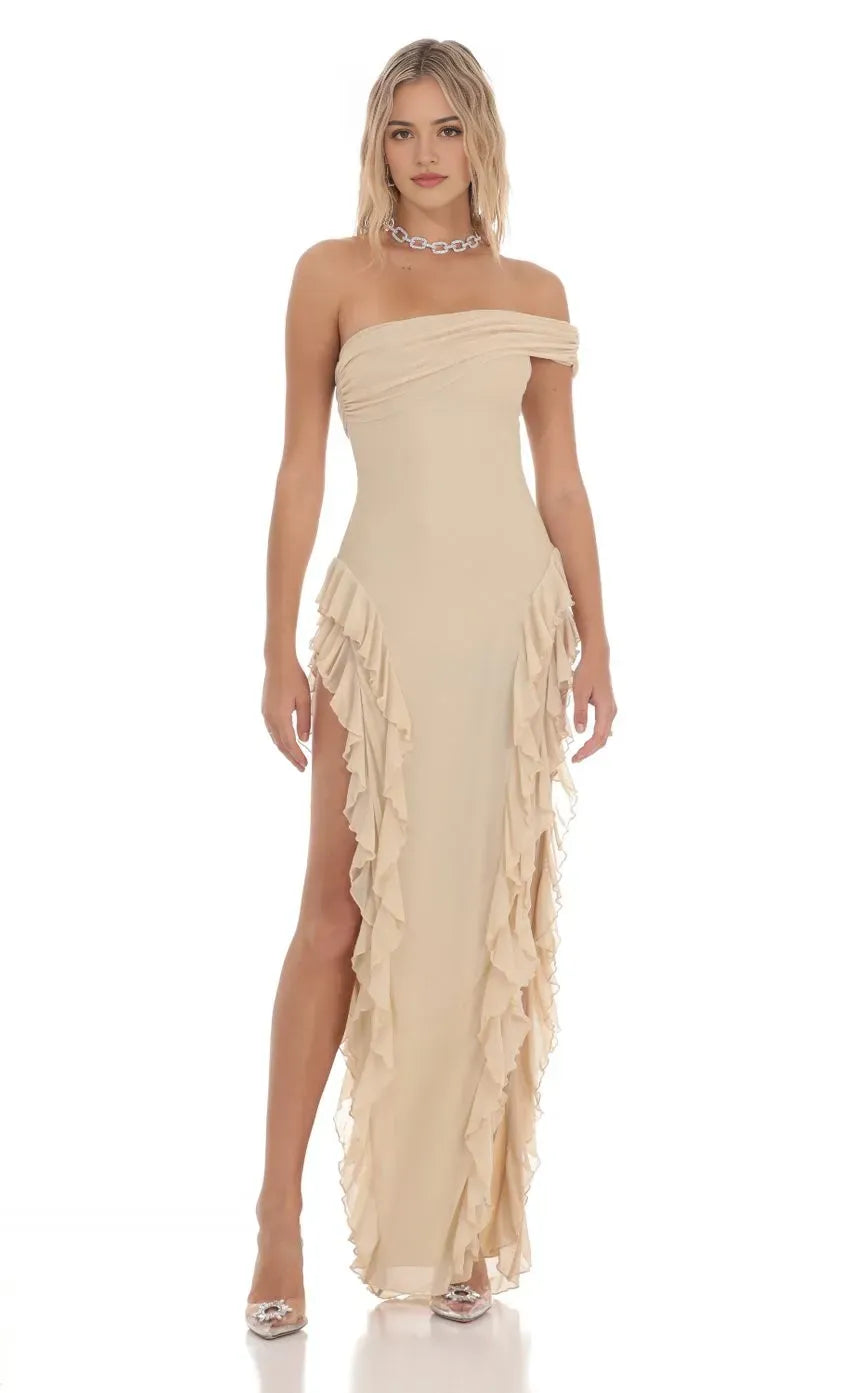 Beige Off Shoulder Prom Dress Ruffled Slit Skirt Draped Neckline Shine at Prom Night