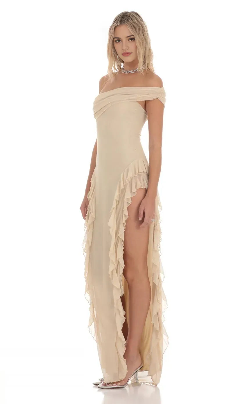 Beige Off Shoulder Prom Dress Ruffled Slit Skirt Draped Neckline Shine at Prom Night